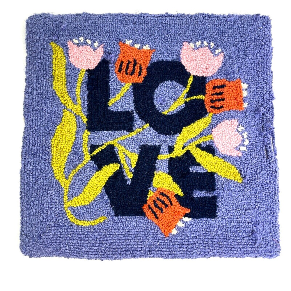 Love Floral Pillow Purple Hooked Yarn 16"" Square Peking Handicraft BOHO Hippie